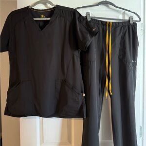 Black Scrub Set with Yellow Drawstring
